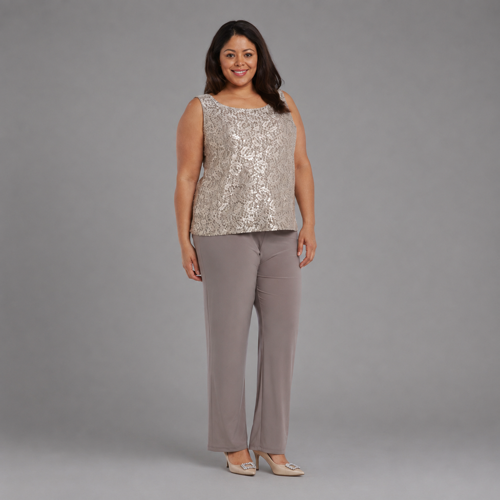 Traje de señora champagne con chaleco bordado