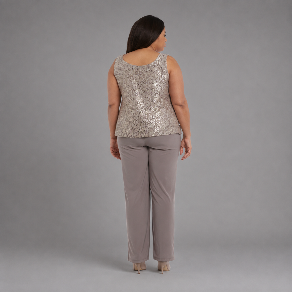Traje de señora champagne con chaleco bordado