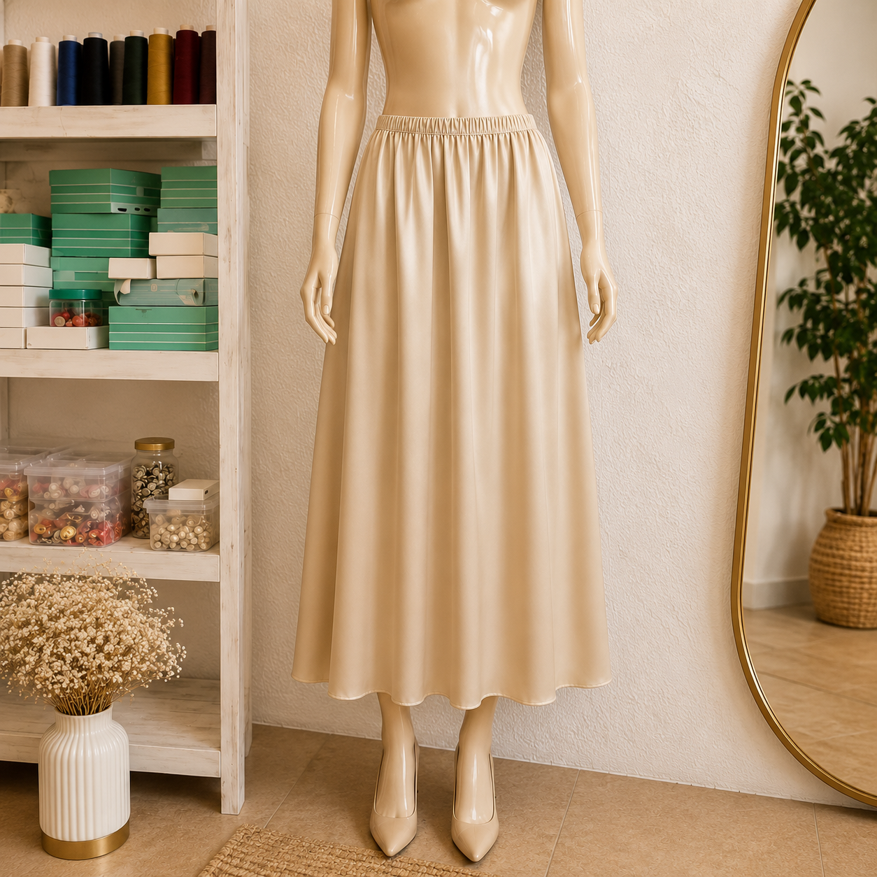 Falda Midi Plisada en Beige
