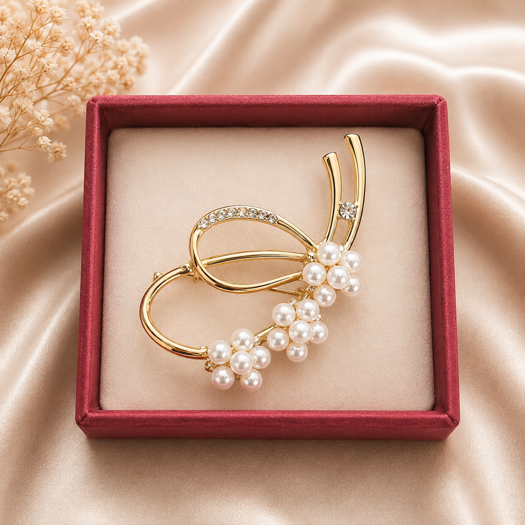 Prendedor Floral Dorado con Perlas