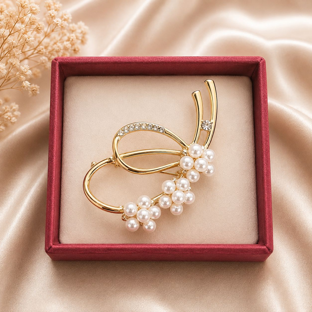 Prendedor Floral Dorado con Perlas