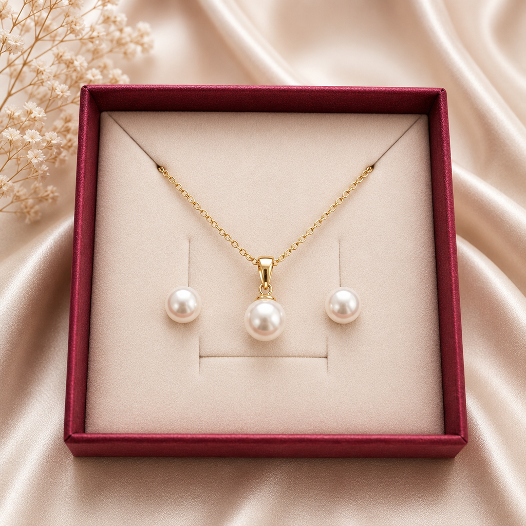 Juego de Collar y Aretes de Perla Dorado