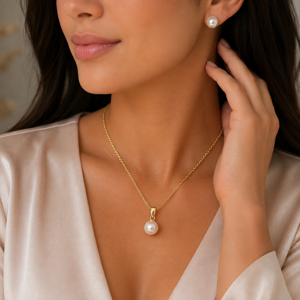 Juego de Collar y Aretes de Perla Dorado