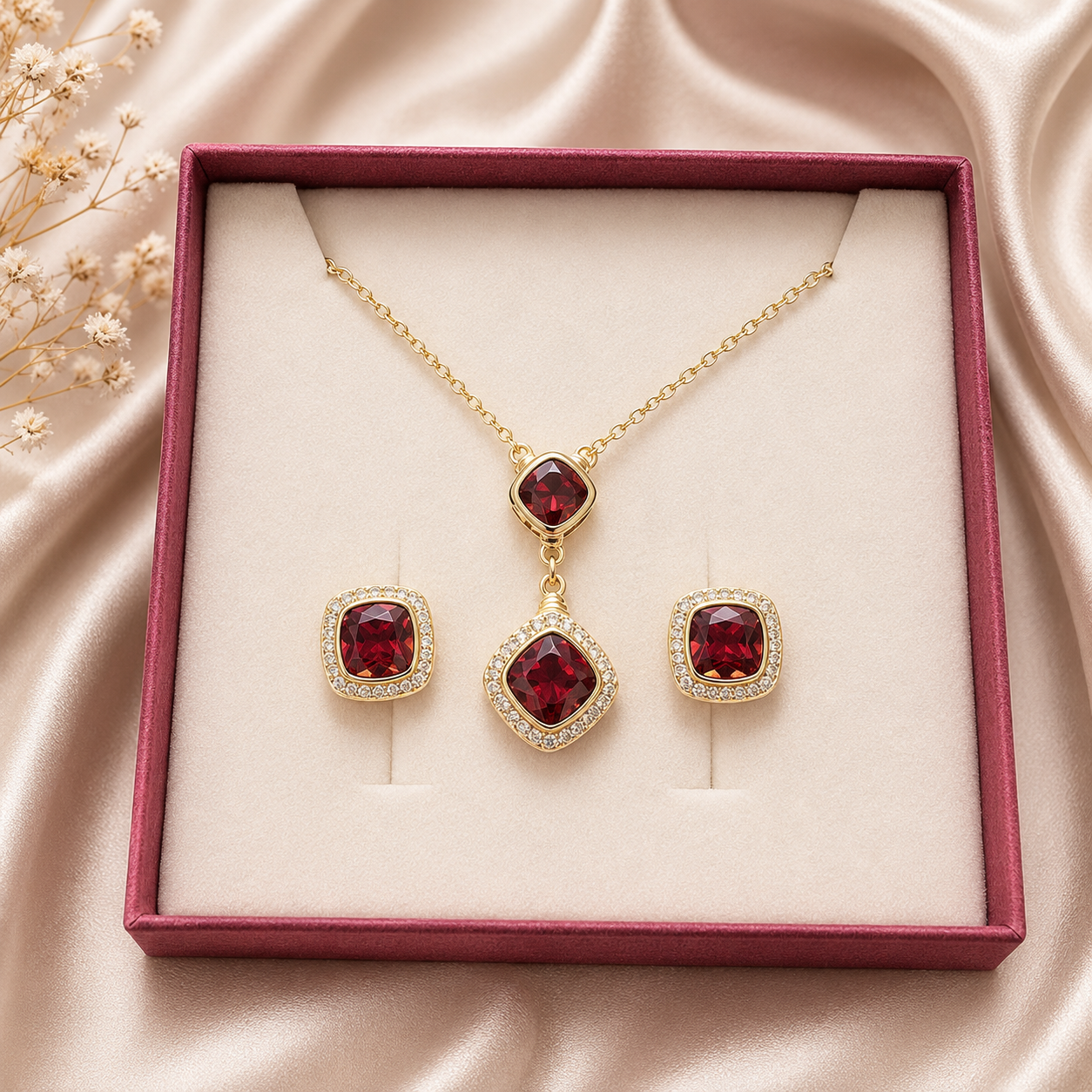Juego de Collar y Aretes con Piedra Roja
