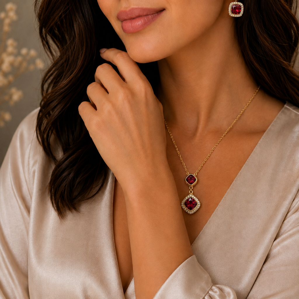Juego de Collar y Aretes con Piedra Roja