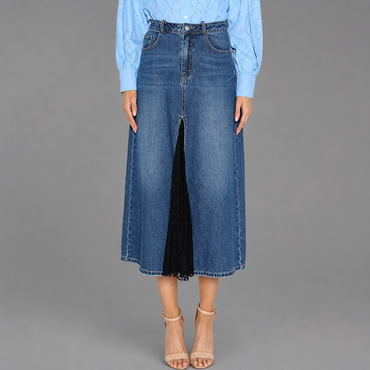 Falda Midi Denim Azul con Abertura Frontal