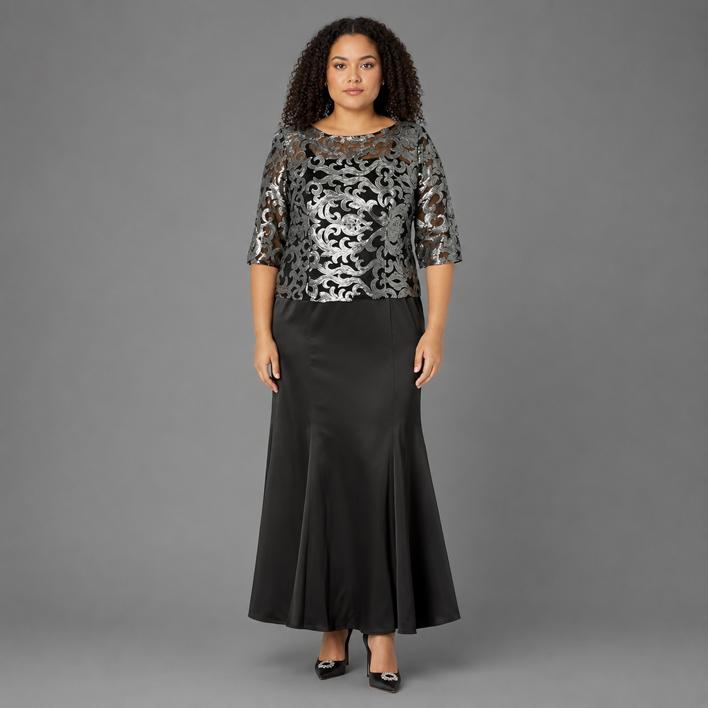 Vestido de Fiesta Negro con Top Estampado