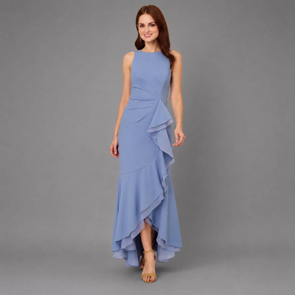 Vestido Midi Azul Lavanda con Volantes