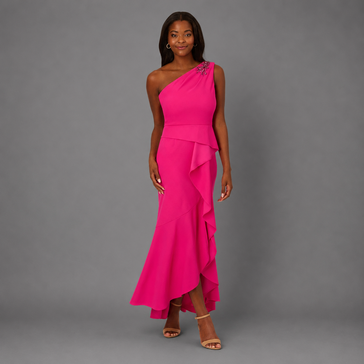 Vestido de Gala Fucsia Un Hombro con Cola