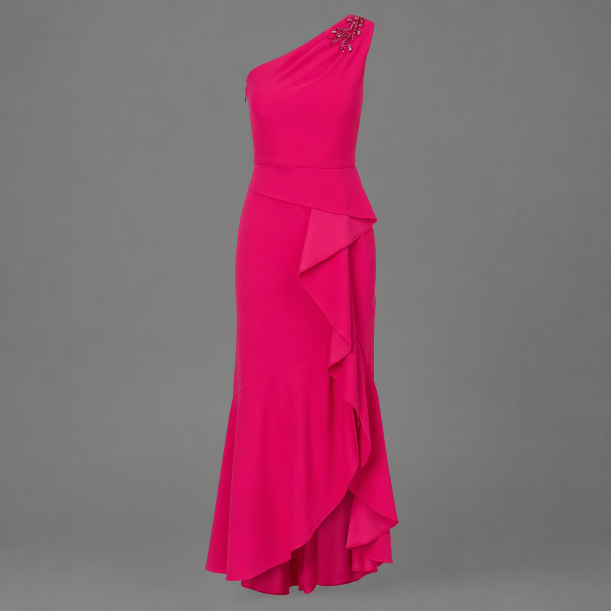 Vestido de Gala Fucsia Un Hombro con Cola