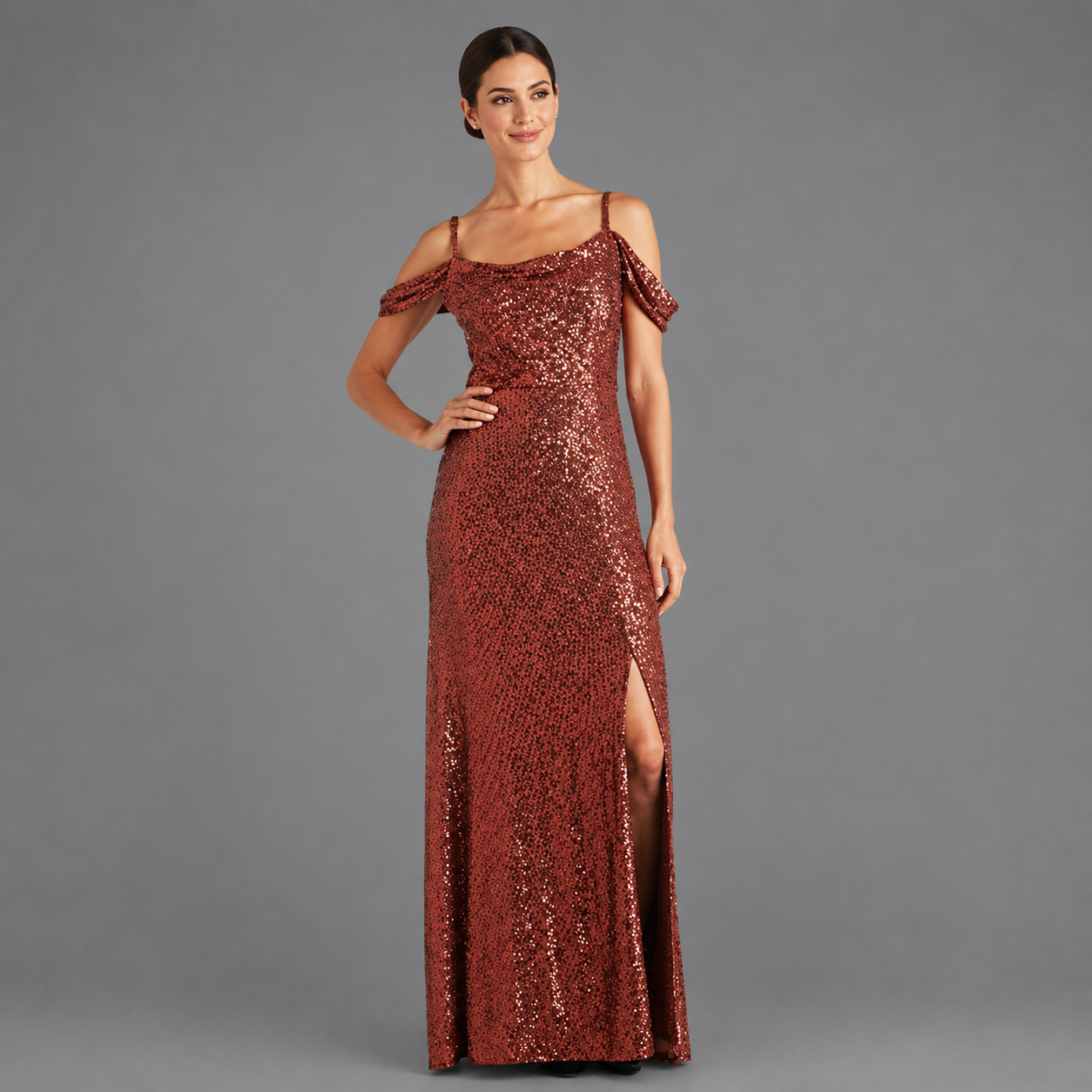 Vestido de Gala Terracota con Lentejuelas y Hombros Caídos