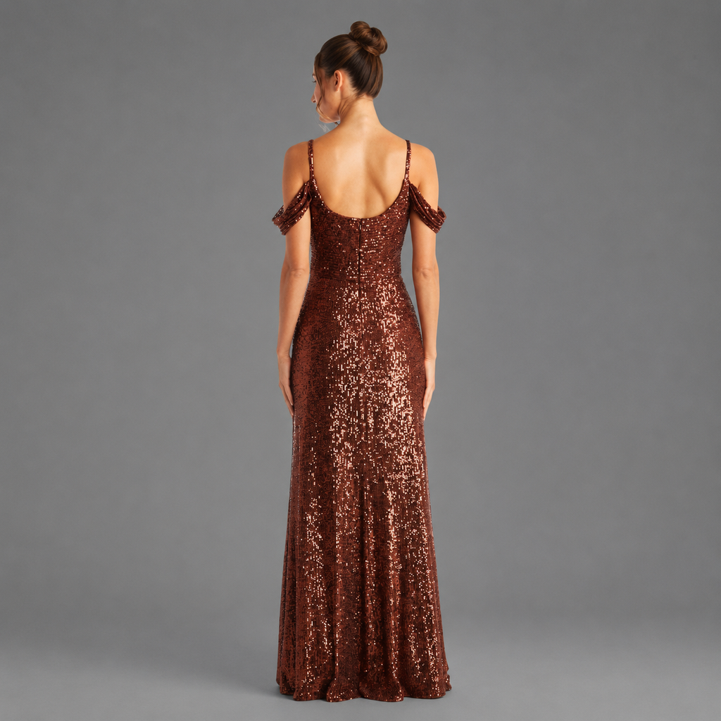 Vestido de Gala Terracota con Lentejuelas y Hombros Caídos