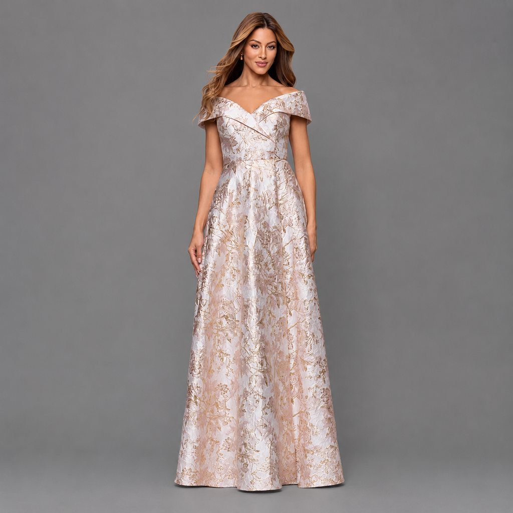 Vestido de Gala Champagne con Bordado Floral y Hombros Caídos
