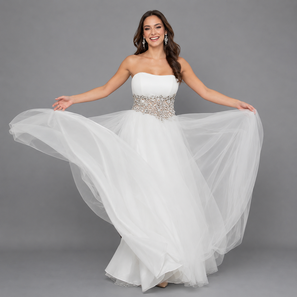 Vestido de Novia Blanco con Cinto Bordado Dorado