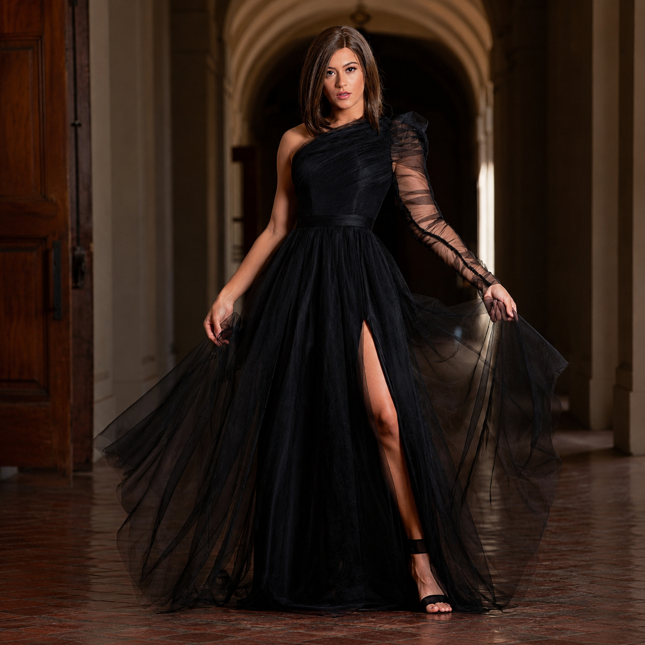 Vestido de Fiesta Negro con Forro en Cuerina