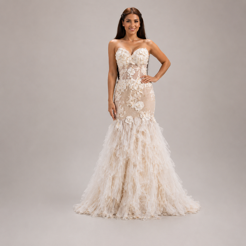 Vestido de Novia Sirena con Flores en Relieve