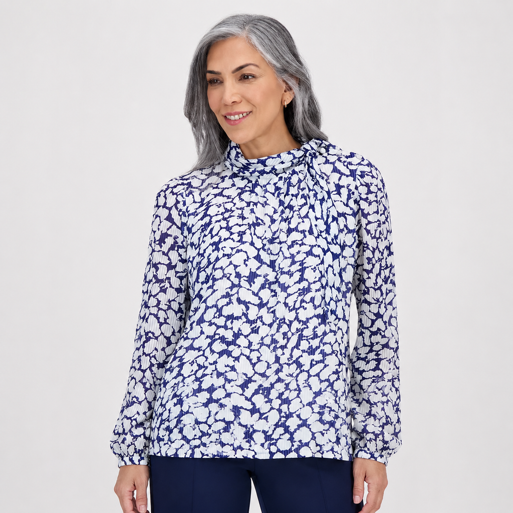 Blusa Floral Azul Cuello Alto Manga Larga