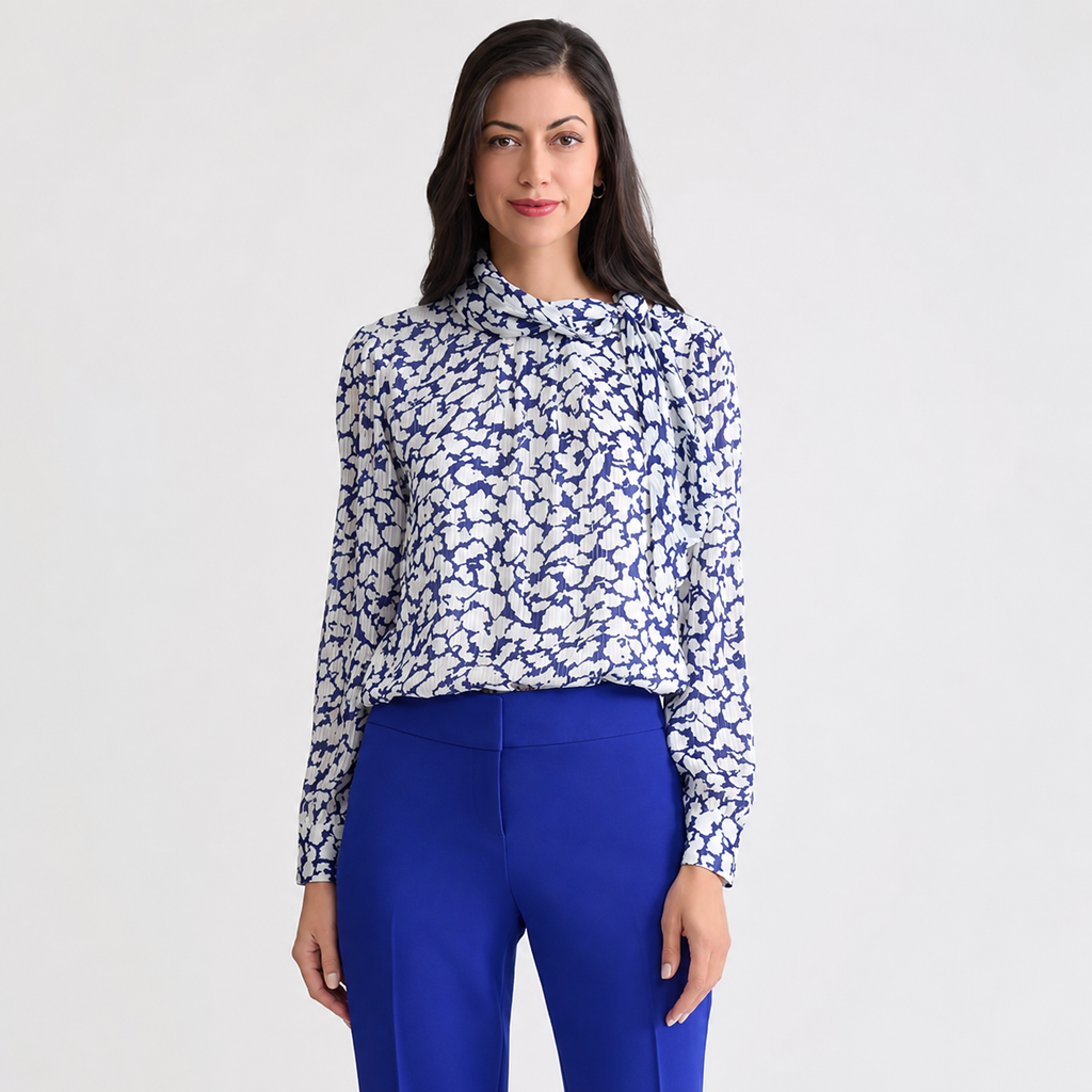 Blusa Floral Azul Cuello Alto Manga Larga