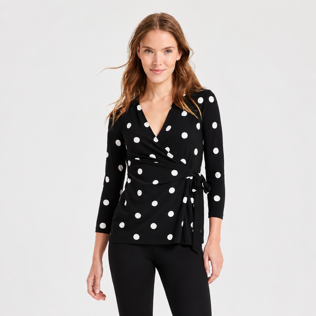 Blusa de Puntos Negra Escote Cruzado