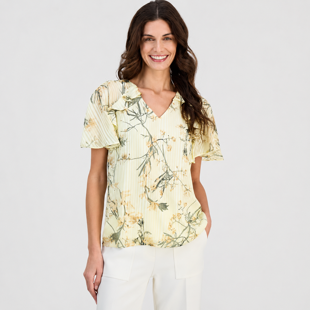 Blusa Floral Amarillo Pastel Manga Mariposa