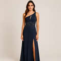 Vestido de Fiesta Azul Noche con Bordado Floral