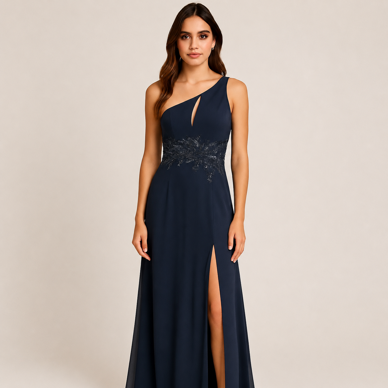 Vestido de Fiesta Azul Noche con Bordado Floral