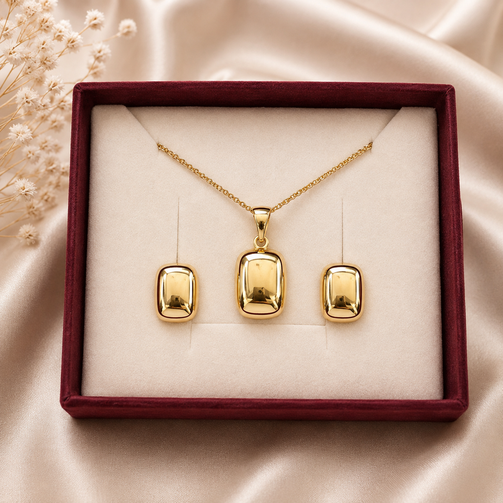 Juego de Collar y Aretes Dorado Rectangular