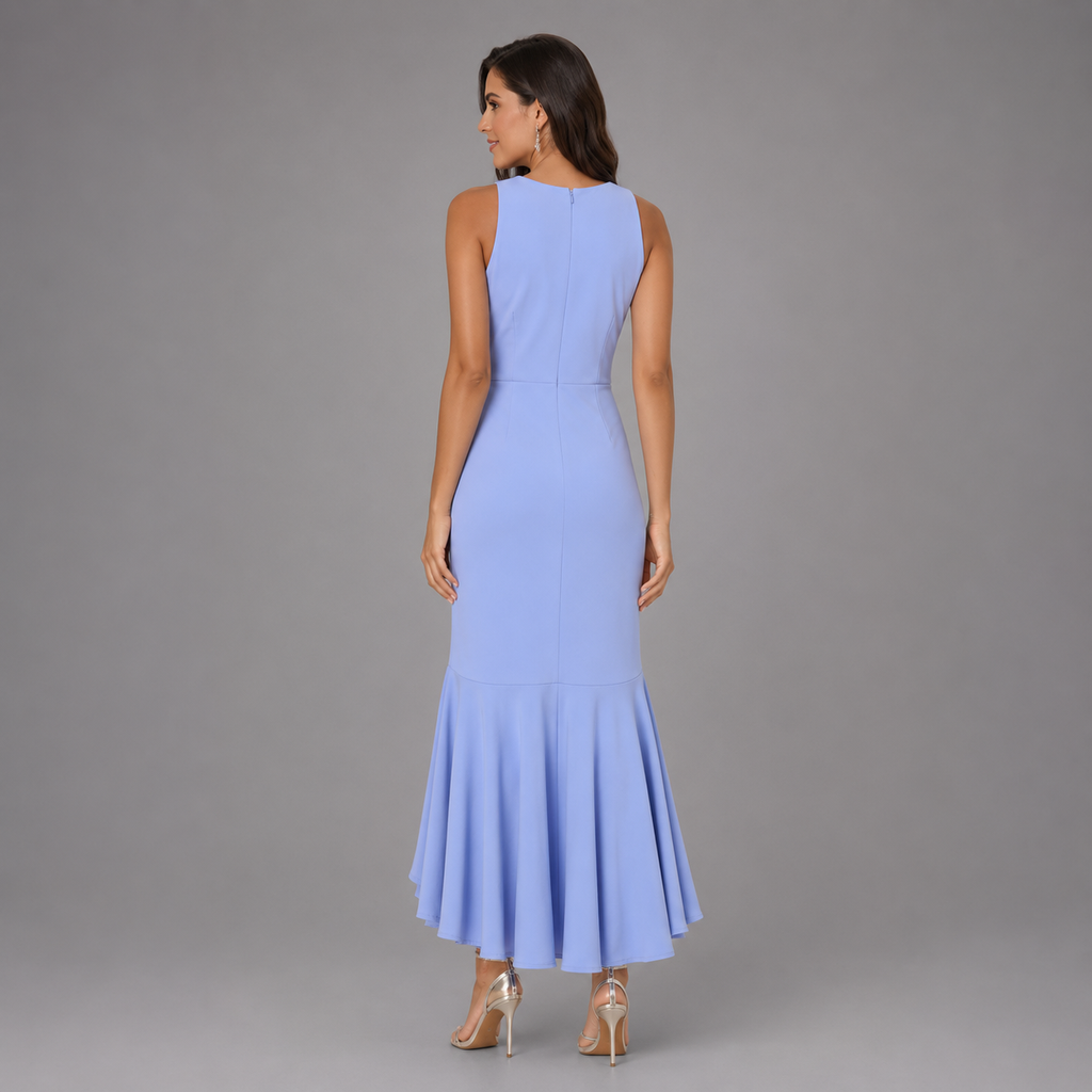 Vestido Midi Azul Lavanda con Volantes