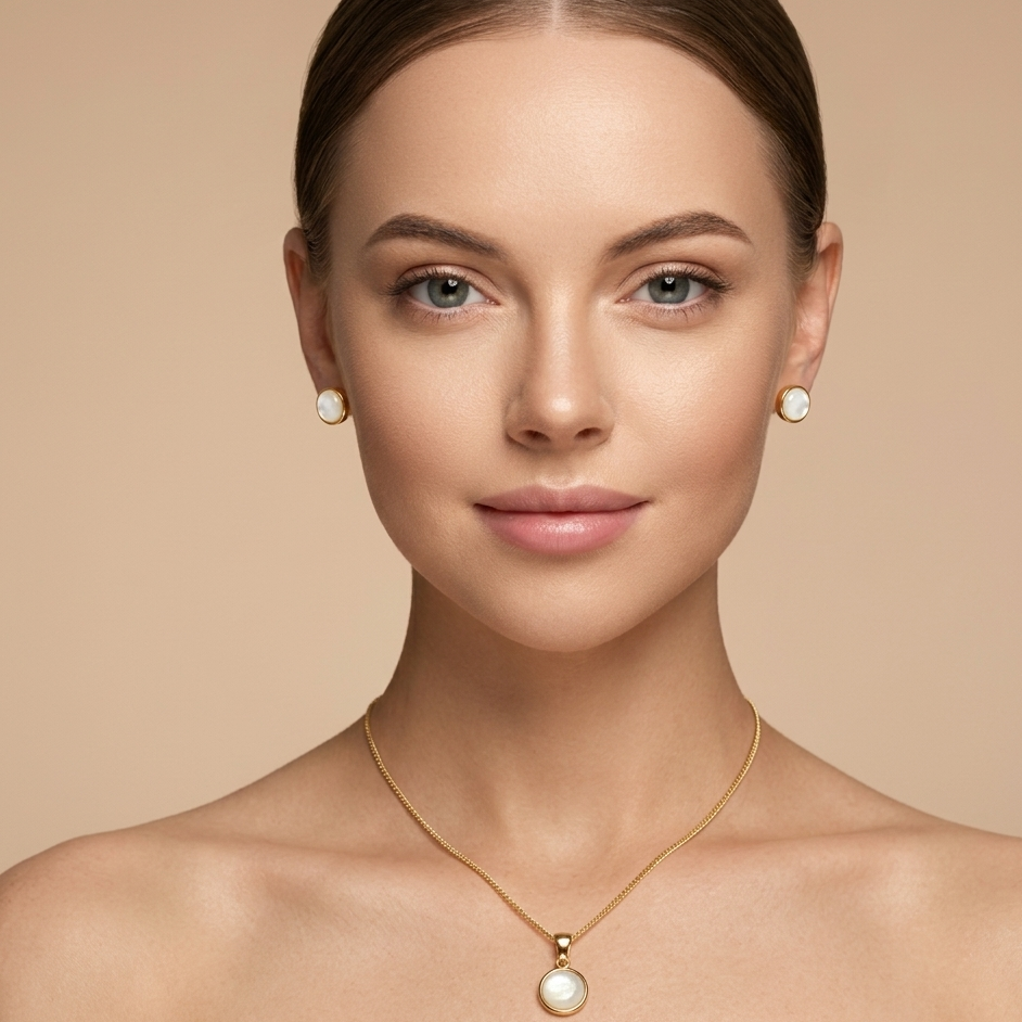 Juego de Aretes y Cadena con Dije Perla