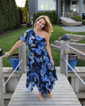 Vestido Midi Floral Azul con Escote Asimétrico