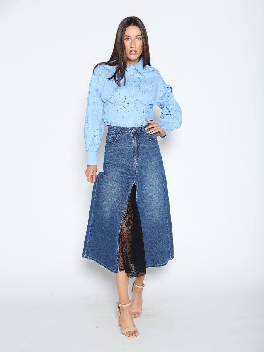 Falda Midi Denim Azul con Abertura Frontal