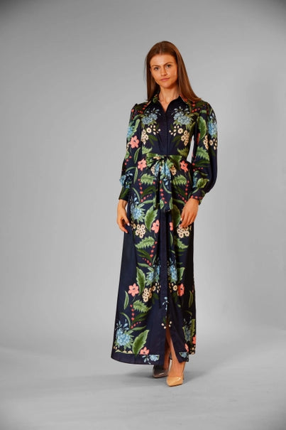 Vestido Midi Estampado Manga Larga con Amarre en la Cintura