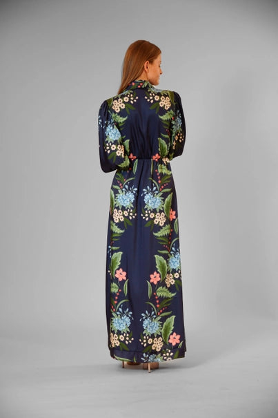 Vestido Midi Estampado Manga Larga con Amarre en la Cintura